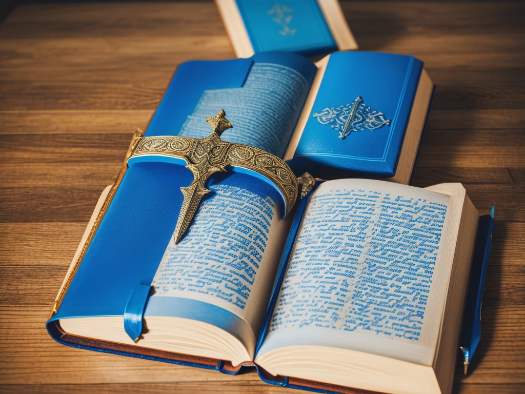 create a logo with a bible and in the middle of the closed bible and a large sword with blue gems and writing:Inspiring Stories of Faith.