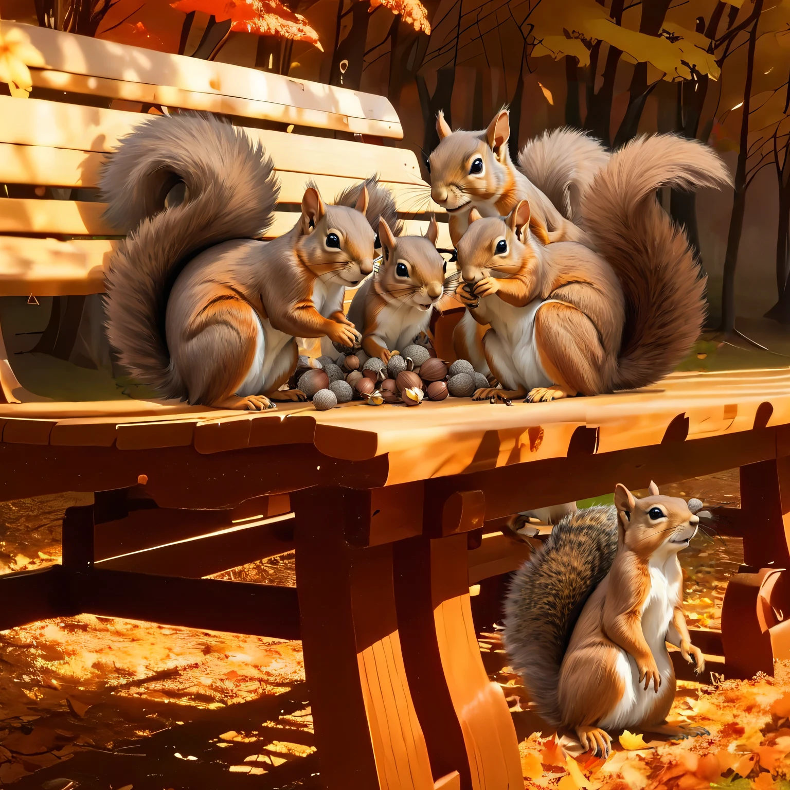 (8K, 16K, Awards, Highest quality, High resolution, Very detailed,Anatomically correct, Realistic, RAW Photos, Tabletop: 1.1),
(A flock of squirrels:1.5),Gathering acorns together,Four squirrels are on the bench,A squirrel is under the bench,