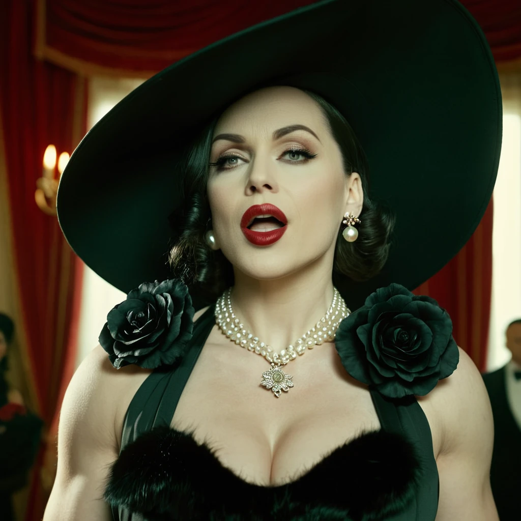 cinematic film still of Alcina Dimitrescu, Mrs. Dimitrescu, muscular, bodybuilding, Women, dramatic light, big old, Dimitrescu, White skin, pale skin, Red lips, Alcina Dimitrescu, Mrs. Dimitrescu, muscular, a Women in a black has and dress, 1 girl, Alone, old, looking at the viewer, SMILE, Open mouth, large old, black fur, has, dress, neckline, jewelry, flower, earrings, collar, white dress, mole, make up, lipstick, pale skin, sun has, Pearl collar, black flower, black Rose, shallow depth of field, viñeta, Very detailed, high budget, bokeh, cinemascope, moody, epic, gorgeous, film grain, grainy