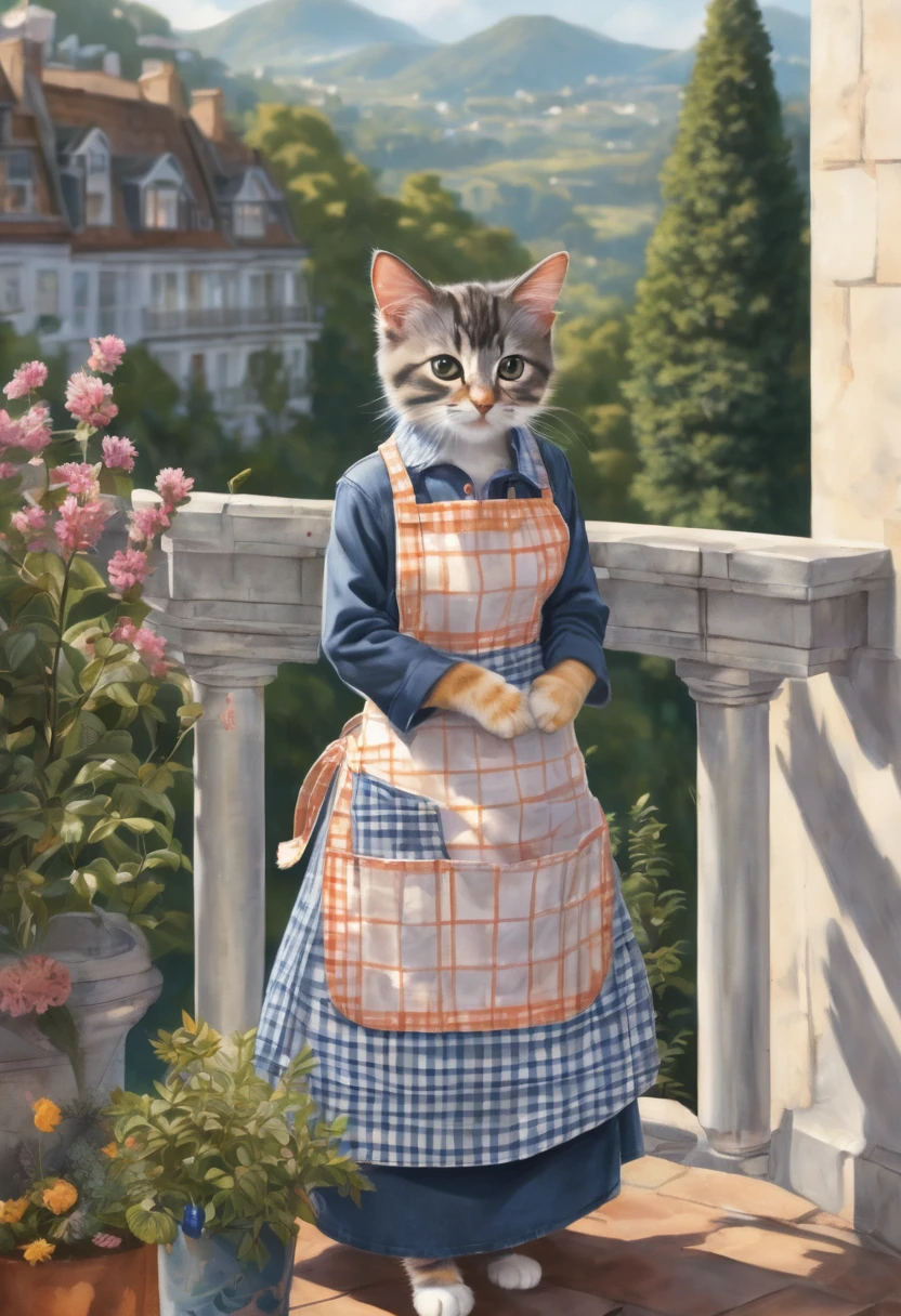 A photorealistic illustration of a woman wearing a checkered apron with multiple fluffy kittens in the pockets. The woman is standing on a balcony with stone balusters and plants in the background. The scene is viewed from a slightly elevated angle, showing the entire woman and the balcony setting. The kittens are of different colors, including orange and gray, and they are peeking out of the apron pockets adorably. One kitten is outside the apron, adding to the playful and cute atmosphere of the scene.