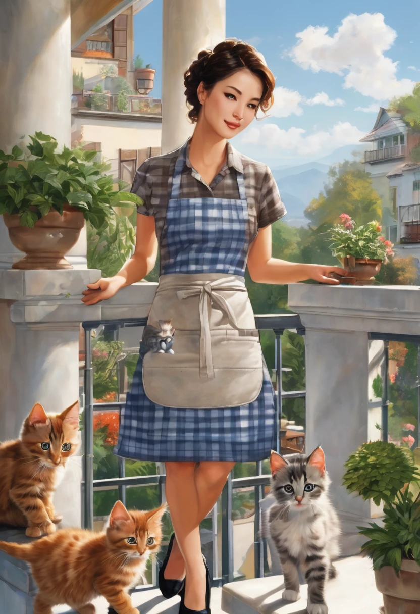 A photorealistic illustration of a woman wearing a checkered apron with multiple fluffy kittens in the pockets. The woman is standing on a balcony with stone balusters and plants in the background. The scene is viewed from a slightly elevated angle, showing the entire woman and the balcony setting. The kittens are of different colors, including orange and gray, and they are peeking out of the apron pockets adorably. One kitten is outside the apron, adding to the playful and cute atmosphere of the scene.
