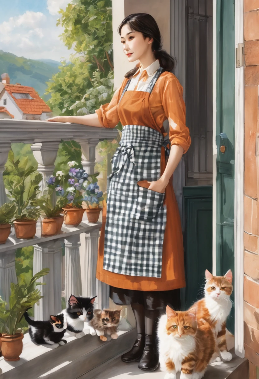A photorealistic illustration of a woman wearing a checkered apron with multiple fluffy kittens in the pockets. The woman is standing on a balcony with stone balusters and plants in the background. The scene is viewed from a slightly elevated angle, showing the entire woman and the balcony setting. The kittens are of different colors, including orange and gray, and they are peeking out of the apron pockets adorably. One kitten is outside the apron, adding to the playful and cute atmosphere of the scene.