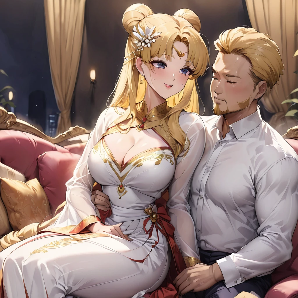 ((Highest quality)), ((masterpiece)), (detailed), （Perfect Face）、The woman is a Vietnamese woman named Tsukino Usagi, wearing a gorgeous and glittering ao dai, a traditional Vietnamese dress with gold embroidery, a gorgeous hair ornament, gorgeous jeweled accessories and an engagement ring. The man and woman are sitting on a gorgeous, large sofa in a luxurious room, and the woman is passionately embracing and passionately kissing the dignified and bearded middle-aged Vietnamese man wearing a Vietnamese national dress, making passionate love as a married couple.、The woman is the elegant Tsukino Usagi, a Vietnamese girl with long blonde hair in a chignon twin tail and wearing an ao dai.、The man is a dignified, muscular, bearded, middle-aged Vietnamese man wearing Vietnamese national dress.
