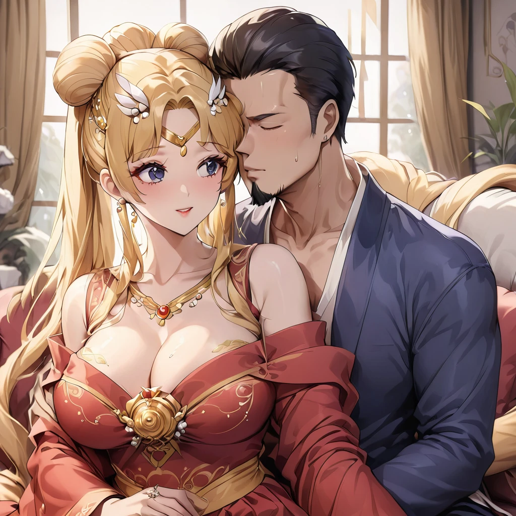 ((Highest quality)), ((masterpiece)), (detailed), (Perfect Face)、The woman is a Chinese woman named Tsukino Usagi, wearing a gorgeous, glittering red Hanfu with lots of gold embroidery, a gorgeous hair ornament, gorgeous jeweled accessories and an engagement ring. The woman and the man are sitting on a gorgeous, large sofa in a gorgeous room, and the woman is passionately embracing and passionately deep kissing the middle-aged Chinese man wearing a dignified and sturdy Hanfu, making passionate love as husband and wife.、The woman is the elegant Tsukino Usagi, a Chinese woman with long blonde hair in a chignon twin tail and wearing a red Hanfu with gorgeous gold embroidery all over it.、The man is a dignified, muscular, bearded, middle-aged Chinese man wearing the traditional Chinese dress, Hanfu.