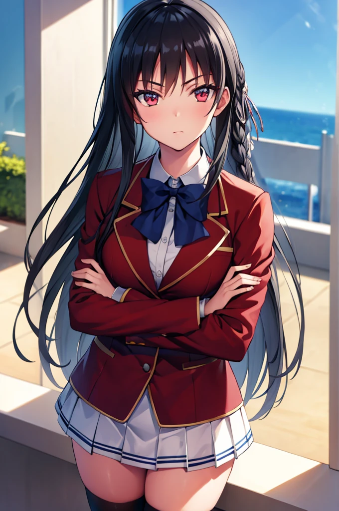 (masterpiece:1.3), (best quality:1.1), (8k, ultra detailed, ultra high res:1.2), ((anime style)), perfect 5 fingers, perfect anatomy, 
1girl,
Suzune Horikita, 
BREAK long hair, braid, 
black hair, 
red eyes, 
blue bow, 
(medium breasts:0.9), 
red jacket, long sleeves, white skirt, pleated skirt, (black thigh-high socks:1.1), 
BREAK looking at viewer, 
cowboy shot, standing, (crossed arms:1.1), 
perfect light, BREAK (detailed background:1.2), indoors, inside, classroom, window, blue sky, 