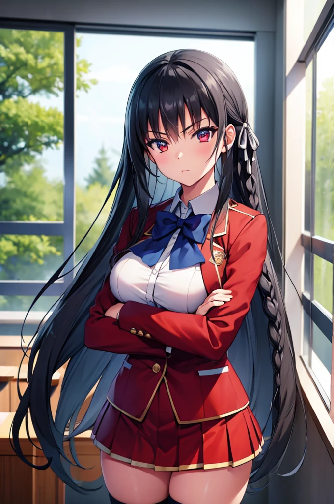 (masterpiece:1.3), (best quality:1.1), (8k, ultra detailed, ultra high res:1.2), ((anime style)), perfect 5 fingers, perfect anatomy, 
1girl,
Suzune Horikita, 
BREAK long hair, braid, 
black hair, 
red eyes, 
blue bow, 
(medium breasts:0.9), 
red jacket, long sleeves, white skirt, pleated skirt, (black thigh-high socks:1.1), 
BREAK looking at viewer, 
cowboy shot, standing, (crossed arms:1.1), 
perfect light, BREAK (detailed background:1.2), indoors, inside, classroom, window, blue sky, 