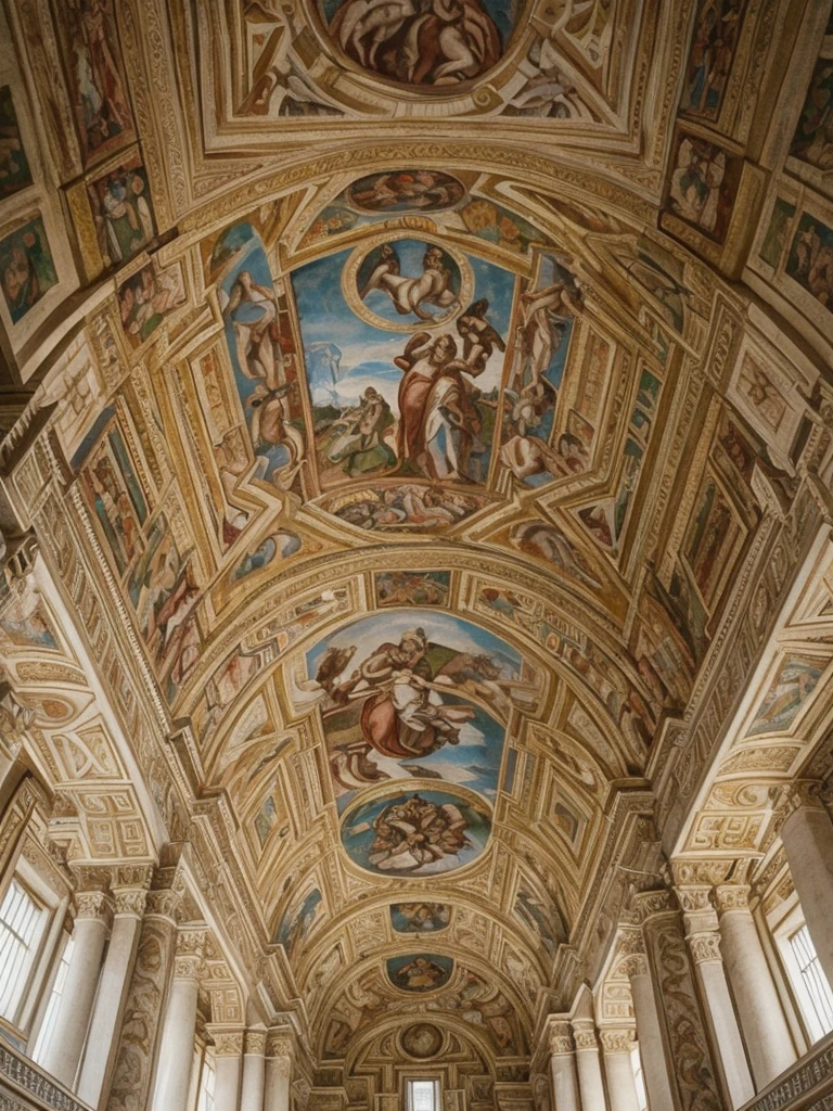 her name is Amelie, high quality, 1girl, ((20-year-old fit Caucasian woman)), ((20 years old)), ((fit)), ((Halo Braid)), pose: standing, wearing unique Generation-Z modern wear pastel colored, BACKGROUND: The Vatican Museums’ opulent rooms are filled with Renaissance art and intricate tapestries. The Sistine Chapel's ceiling, painted by Michelangelo, draws your gaze upwards in awe. The air is filled with the hushed reverence of visitors, the scent of incense, and the soft echoes of footsteps on marble floors.