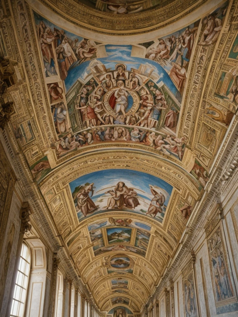 her name is Amelie, high quality, 1girl, ((20-year-old fit Caucasian woman)), ((20 years old)), ((fit)), ((Halo Braid)), pose: standing, wearing unique Generation-Z modern wear pastel colored, BACKGROUND: The Vatican Museums’ opulent rooms are filled with Renaissance art and intricate tapestries. The Sistine Chapel's ceiling, painted by Michelangelo, draws your gaze upwards in awe. The air is filled with the hushed reverence of visitors, the scent of incense, and the soft echoes of footsteps on marble floors.