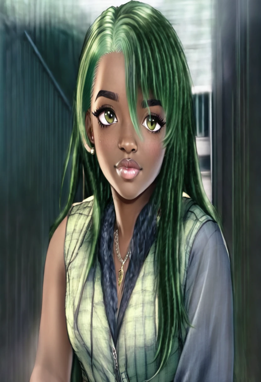 a girl, black skin, green hair, super realistic, realistic, ultra hd