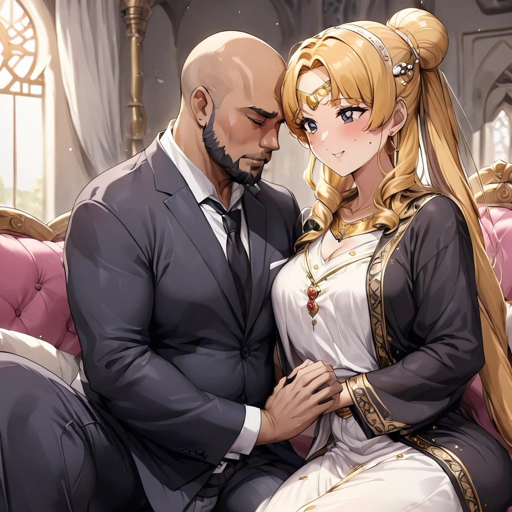 ((Highest quality)), ((masterpiece)), (detailed), (Perfect Face)、The woman is Tsukino Usagi, an Arab Muslim with vivid brown skin, and is wearing a gorgeous, glittering abaya with gold embroidery, a gorgeous hijab, a gorgeous hair ornament, gorgeous jeweled accessories, and an engagement ring in a luxurious Islamic mansion. The woman and the man are sitting on a luxurious, large sofa in the luxurious room, and the woman is passionately embracing and passionately deep kissing the dignified, bearded, middle-aged Arab Muslim man wearing Arab national dress, making passionate love as a married couple.、The woman is the elegant Tsukino Usagi, with long blonde hair in a chignon twin tail, wearing an abaya and a gorgeous hijab, and a bright brown-skinned Muslim Arab.、(The woman is a dark-skinned Arab Muslim named Tsukino Usagi)、The man is a Muslim, dignified, strong-looking, bearded, middle-aged Arab man wearing traditional Arab clothing.