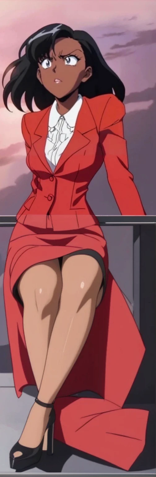 EVIL BLACK BUSINESS WOMAN WEARING A BLOUSE WITH A RED SKIRT SUIT 90s ANIME ARTSTYLE WITH RED HEELS FULL BODY WEARING A KNEE LONG RED SKIRT WHILE SITTING 