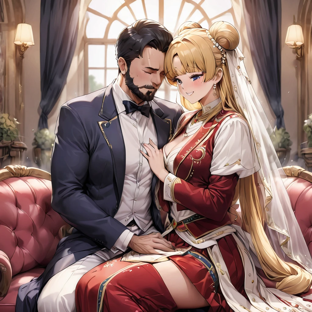 ((Highest quality)), ((masterpiece)), (detailed), (Perfect Face)、The woman is an Italian named Tsukino Usagi, and in a luxurious Italian mansion, she is wearing the gorgeous and glittering Italian traditional Sardinian costume, a lavishly decorated velvet jacket, a long veil, gorgeous jeweled accessories and an engagement ring. The woman and the man are sitting on a luxurious, large sofa in the luxurious room, and the woman is passionately embracing and passionately kissing the dignified, bearded middle-aged man wearing the Italian traditional costume, making passionate love as a married couple.、The woman is the elegant Tsukino Usagi, with long blonde hair in a chignon twin tail, wearing a velvet jacket decorated with the Italian national costume of Sardinia, and a long veil.、The man is a dignified, muscular, bearded Italian man dressed in Italian national dress.