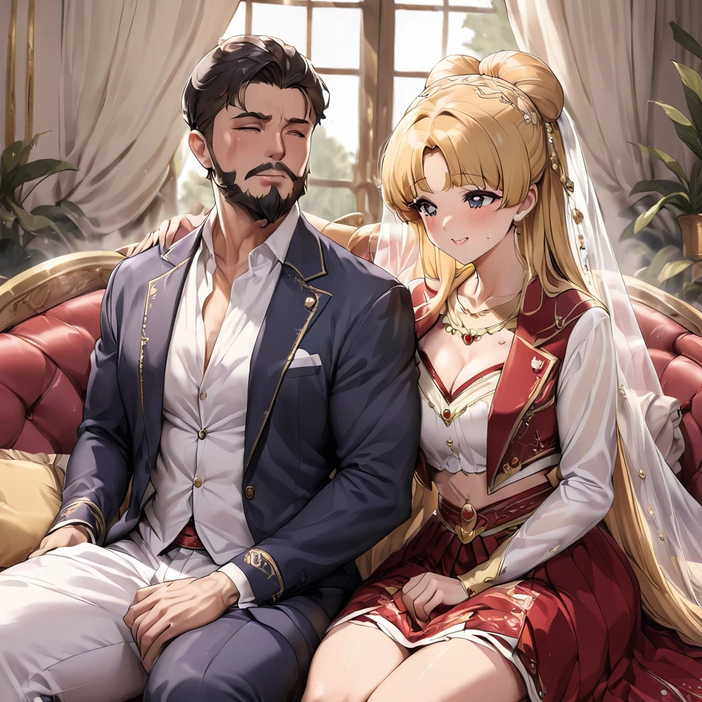 ((Highest quality)), ((masterpiece)), (detailed), (Perfect Face)、The woman is an Italian named Tsukino Usagi, and in a luxurious Italian mansion, she is wearing the gorgeous and glittering Italian traditional Sardinian costume, a lavishly decorated velvet jacket, a long veil, gorgeous jeweled accessories and an engagement ring. The woman and the man are sitting on a luxurious, large sofa in the luxurious room, and the woman is passionately embracing and passionately kissing the dignified, bearded middle-aged man wearing the Italian traditional costume, making passionate love as a married couple.、The woman is the elegant Tsukino Usagi, with long blonde hair in a chignon twin tail, wearing a velvet jacket decorated with the Italian national costume of Sardinia, and a long veil.、The man is a dignified, muscular, bearded Italian man dressed in Italian national dress.