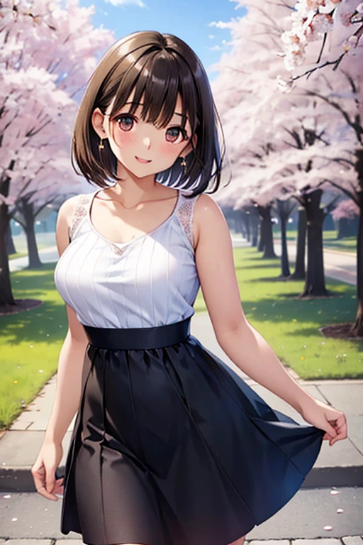 anegasaki nene、Shiny brown hair, short hair, Beautiful brown eyes、smile、Sparkling eyes, (Fine grain)、Ultra-detailed eyes、Highly detailed face, Highly detailed eyes,Cowboy Shot、

masterpiece, Highest quality, Pixiv,  (8K, Highest quality, masterpiece: 1.2), High resolution, 

masterpiece, Highest quality, High resolution,, Earrings, clavicle, Rib Knit Dresses, , Outdoor, Are standing, Put your arms behind your back, cherry blossoms, smile, Open your mouth,