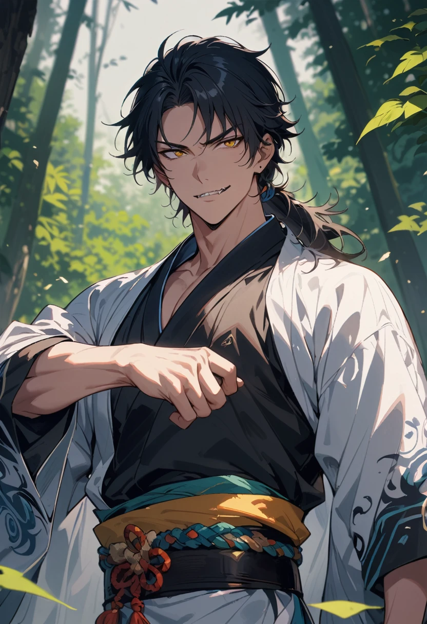 1man, bishonen, adult, handsome, male, solo, oni mask, (long black hair), (yellow eyes), yokai, kimono, waist-up, light skin, sinister smirk, muscular, (sharp fangs), (tribal tattoo:1.0), (background in forest), cinematic angle, masterpiece, forest, leaves, lush, best quality, high resolution, ultra-detailed, handsome, mullet,