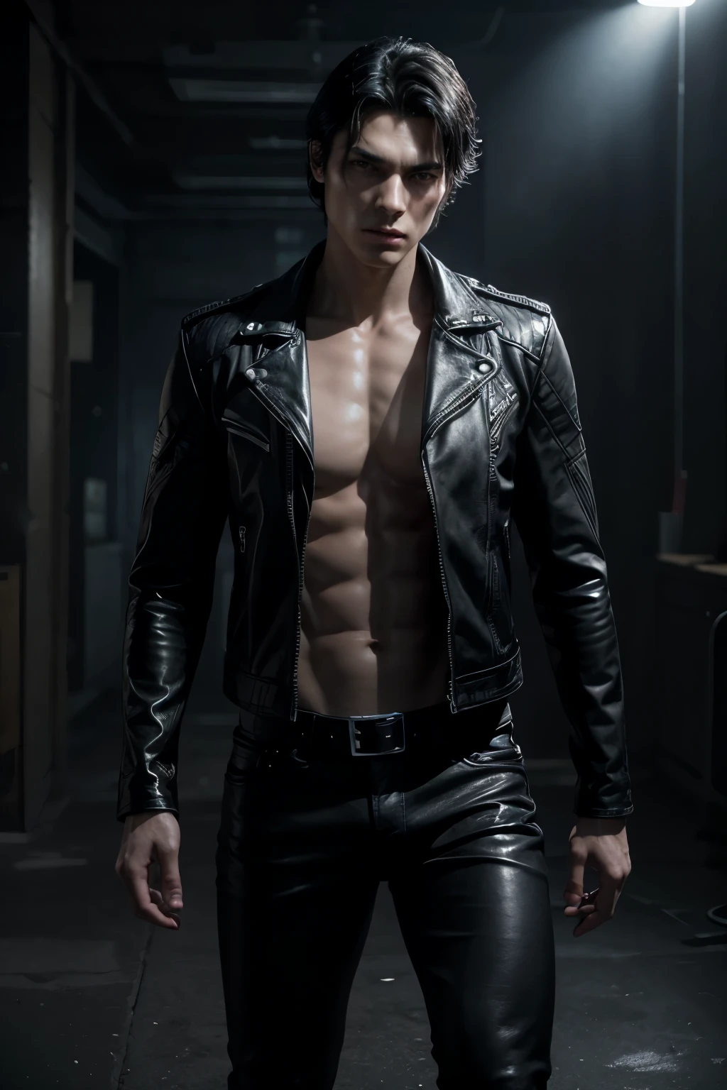 1 man with high cheekbones, black hair, cat-like eyes, detailed face, muscular body, leather jacket, solo, cinematic lighting, moody atmosphere, digital art, hyper realistic, 8k, high quality, photorealistic, standing, full body