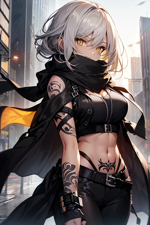 1woman, close up shot, mature, tall, ((white hair, medium length low ponytail, well combed hair, silky hair, large breasts, yellow eyes, black tattoos on arms)), perfect anatomy, city, ((grey crop top, sleeveless open black trench coat, belt, black pants, black scarf, boots)), smiling