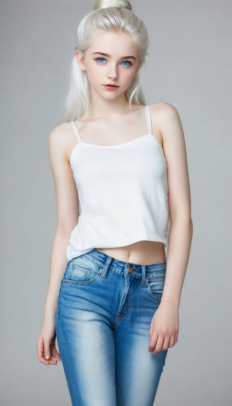 Very beautiful 15 year old girl, with white hair up and white skin and blue eyes with jeans full body