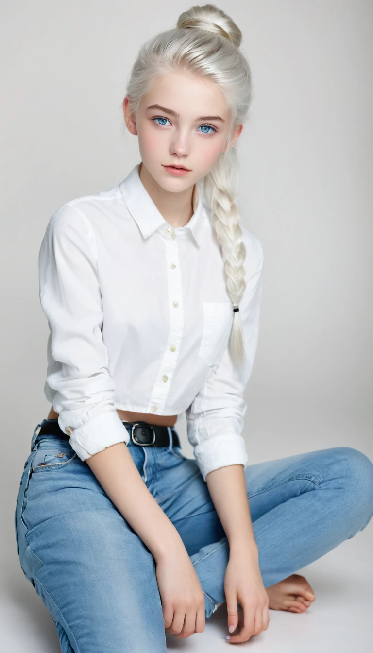 Very beautiful  girl, with white hair up and white skin and blue eyes with jeans full body 