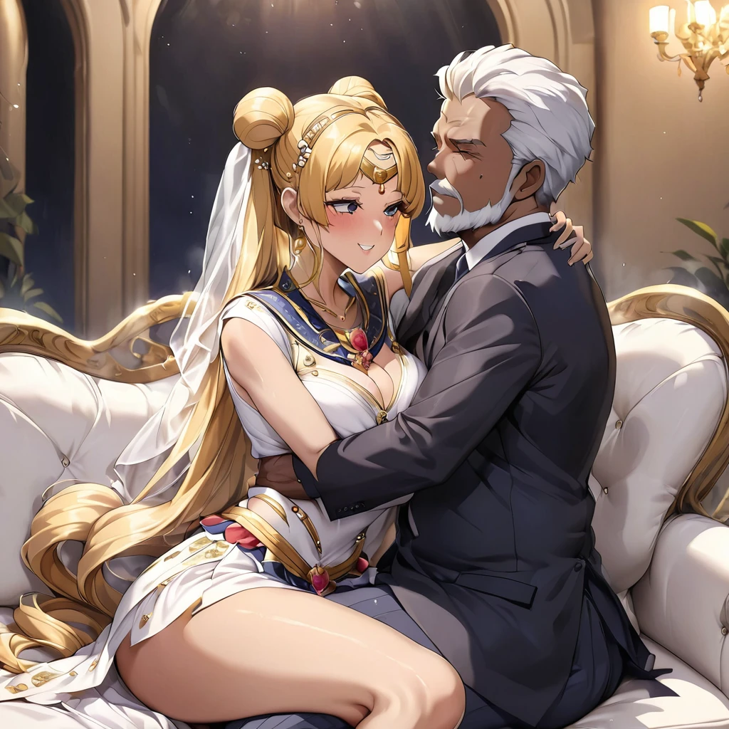 ((Highest quality)), ((masterpiece)), (detailed), (Perfect Face)、The woman is a Muslim Egyptian named Tsukino Usagi with vivid brown skin, and is wearing a luxurious and glittering galabeya, a gorgeous hijab, gorgeous jeweled accessories and an engagement ring in a luxurious Egyptian mansion. The woman and the man are sitting on a luxurious and large sofa in the luxurious room, and the woman is passionately embracing and passionately deep kissing the dignified and bearded middle-aged man wearing Egyptian traditional clothing, making passionate love as a married couple.、The woman is the elegant Tsukino Usagi, with long blonde hair in a chignon twin tail, wearing a gorgeous and glittering galabeya and a gorgeous hijab, a bright brown-skinned Muslim Egyptian.、(The woman is the dark-skinned Egyptian Tsukino Usagi.)、The man is a dignified, muscular, bearded, middle-aged Egyptian Muslim man wearing a galabeya