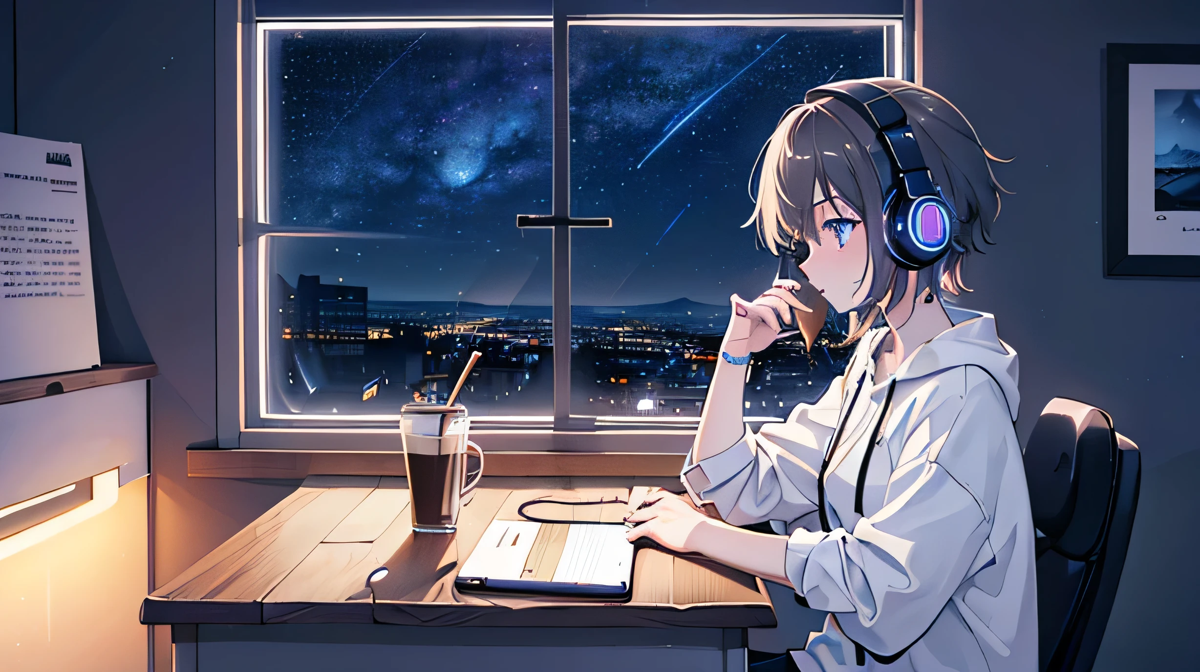 (Top quality, masterpiece),(Girl living alone, headphones, sitting at desk, full body), (Coffee, neon lights, late night, beautiful starry sky outside the window, large room, dark, meteor cloud),(Lo-fi art style)
