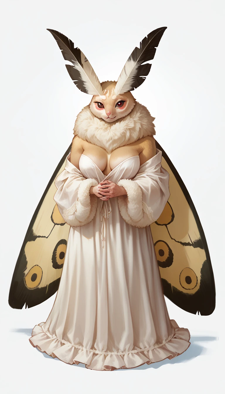 score_9, score_8_up, score_7_up, score_6_up, score_5_up, score_4_up, Anthro, an Anthro female moth, yellow eyes, black sclera, tall, white fluffy body, neck fluff, short white hair, moth ears, moth wings, 