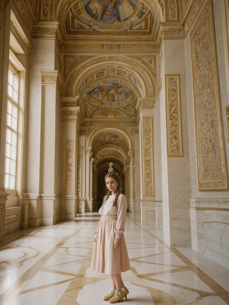 her name is Amelie, high quality, 1girl, ((20-year-old fit Caucasian woman)), ((20 years old)), ((fit)), ((Halo Braid)), pose: standing, wearing unique Generation-Z modern wear pastel colored, BACKGROUND: The Vatican Museums’ opulent rooms are filled with Renaissance art and intricate tapestries.