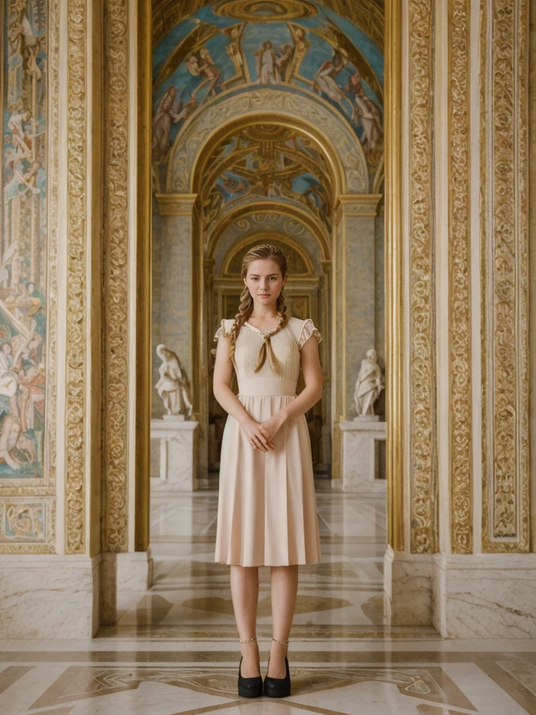 her name is Amelie, high quality, 1girl, ((20-year-old fit Caucasian woman)), ((20 years old)), ((fit)), ((Halo Braid)), pose: standing, wearing unique Generation-Z modern wear pastel colored, BACKGROUND: The Vatican Museums’ opulent rooms are filled with Renaissance art and intricate tapestries. 