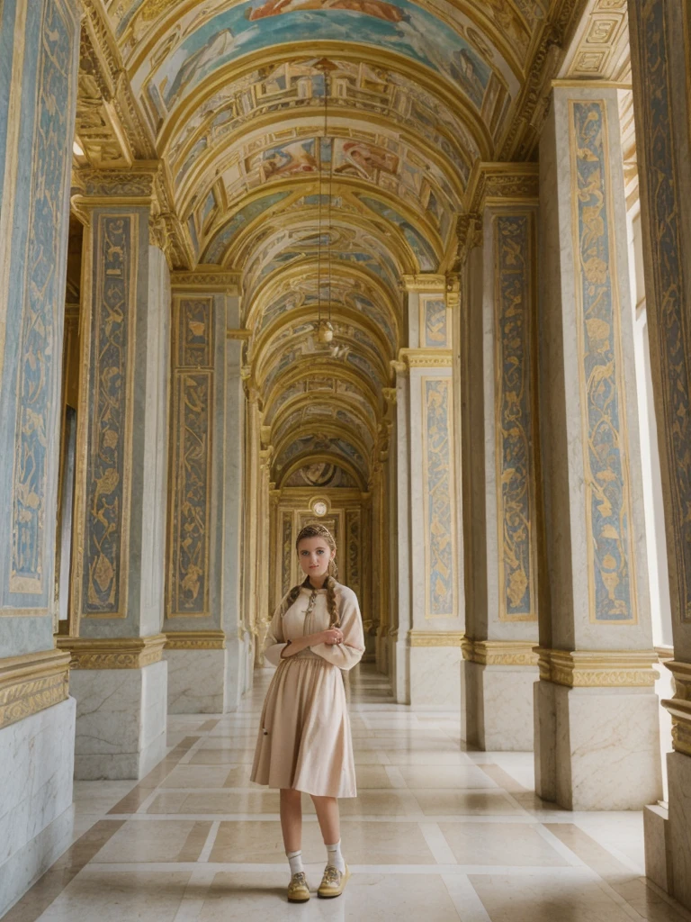 her name is Amelie, high quality, 1girl, ((20-year-old fit Caucasian woman)), ((20 years old)), ((fit)), ((Halo Braid)), pose: standing, wearing unique Generation-Z modern wear monochromatic colored, BACKGROUND: The Vatican Museums’ opulent rooms are filled with Renaissance art and intricate tapestries.
