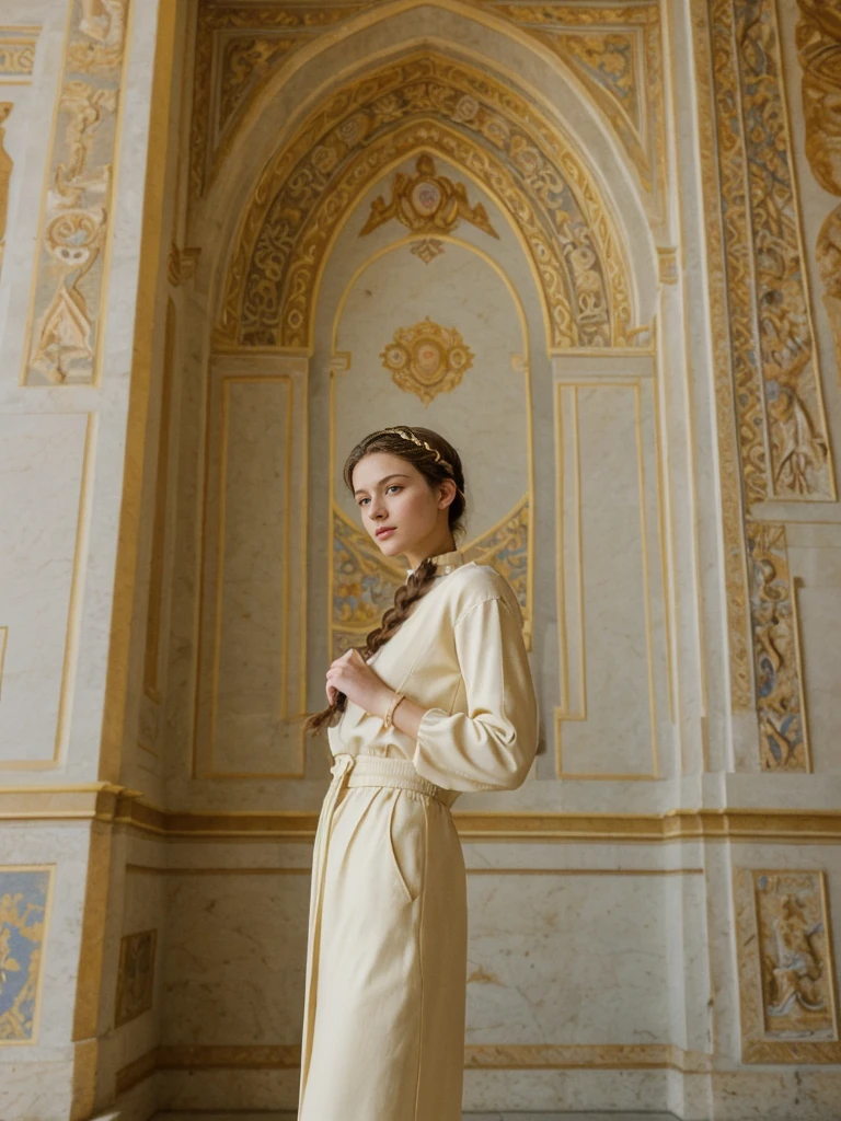 her name is Elle, high quality, 1girl, ((20-year-old fit Caucasian woman)), ((20 years old)), ((fit)), ((pale skin)), Beachy Waves dark hair , wearing Ivory Lace High-Neck Blouse + High-Waisted Wide-Leg Trousers, pose: standing, background: In the Uffizi Gallery, you move from room to room, each filled with Renaissance masterpieces. You find yourself captivated by Botticelli’s "The Birth of Venus." The soft whispers of other visitors and the scent of old varnish and polished wood fill the air, enhancing the gallery's historic charm.