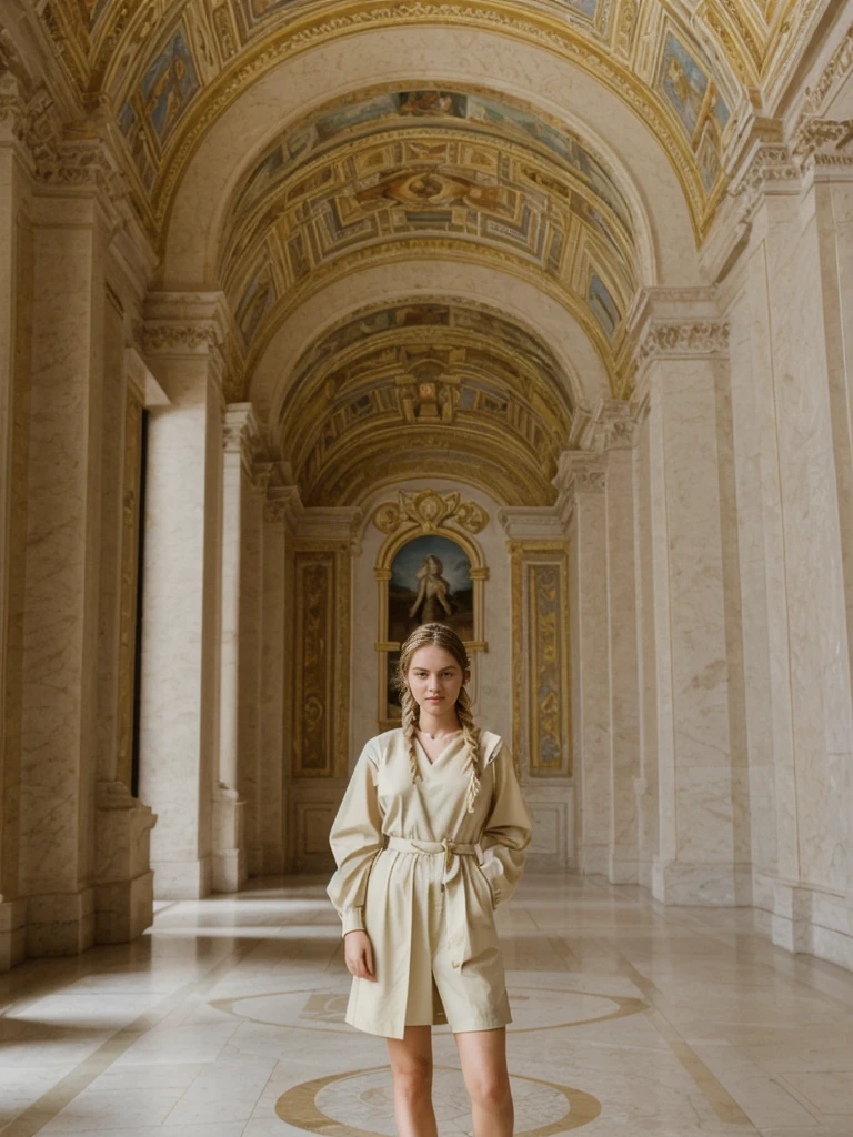her name is Amelie, high quality, 1girl, ((20-year-old fit Caucasian woman)), ((20 years old)), ((fit)), ((Halo Braid)), pose: standing, wearing unique Generation-Z modern wear pastel colored, BACKGROUND: The Vatican Museums’ opulent rooms are filled with Renaissance art and intricate tapestries.