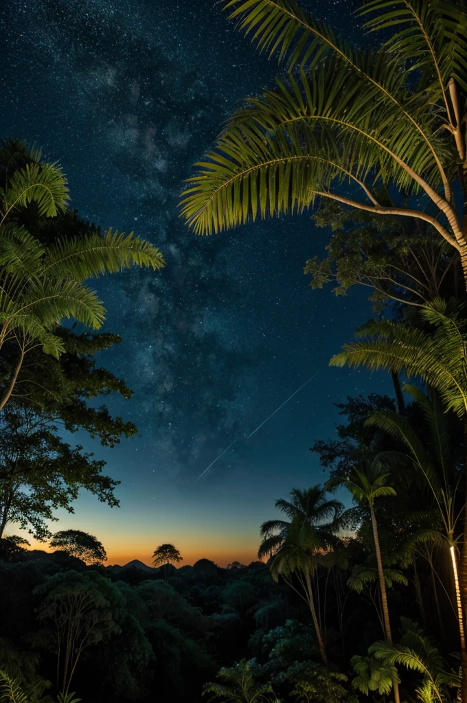 At night the sky should be green with stars in the sky and dinosaurs in the jungle below.