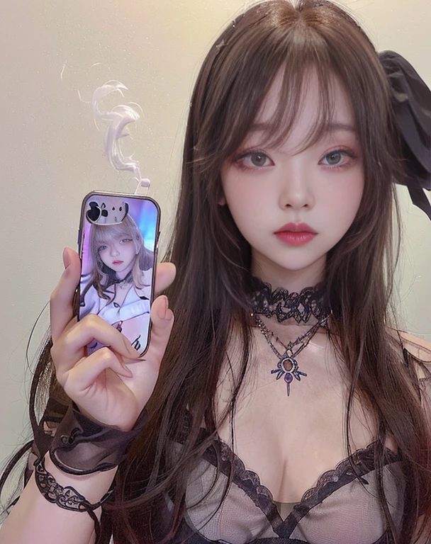There is a woman taking a photo with her cell phone, ulzzang smoke gray eyes, Lalisa Manoban of Blackpink, jinyoung shin, sun yunjoo, e-chica, e - girl, lalisa manobal, cruel korean gothic girl, jossi de blackpink, heonhwa choe, 1 7 year old anime gothic girl