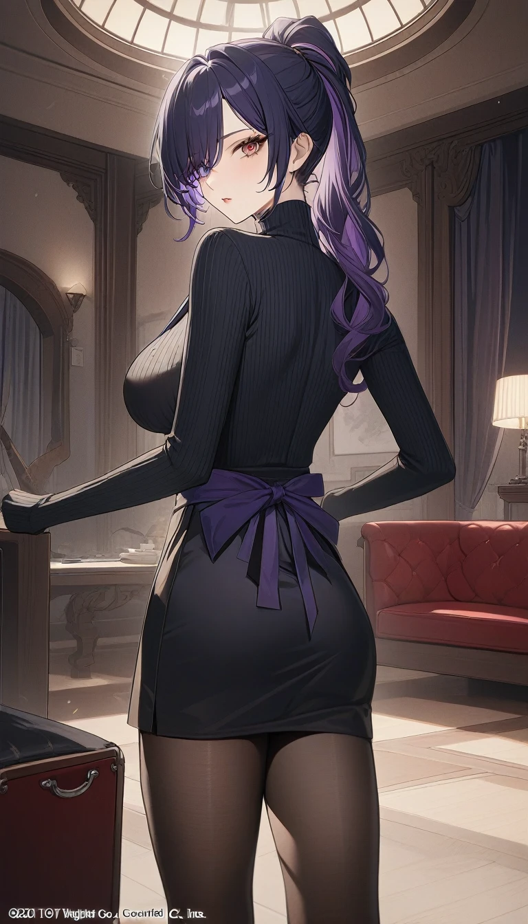 (masterpiece, Top quality, best quality, Official art, beautiful and aesthetic:1.2),(8K, best quality, masterpiece:1.2), (((masterpiece))),(((best quality))),(((Extremely detailed))),illustrexistion,WHO, (masterpiece, Top quality, best quality, Official art, beautiful and aesthetic:1.2),(8K, best quality, masterpiece:1.2), Huangquan_Red, 1 Girl, Ahog, arms_exist后面_Back, Black_apron, Black_Pantyhose, Comment_Require, cowboy_shooting, high resolution, exist室内, Large target_breast, long_sleeve, Watching_exist_Viewer, Official_alternexiste_Eye_color, Official_alternexiste_hair_color, Ponytail, Ribbed_sweexister, Solitary, permanent, turtleneck sweater_sweexister, _apron, White_sweexister