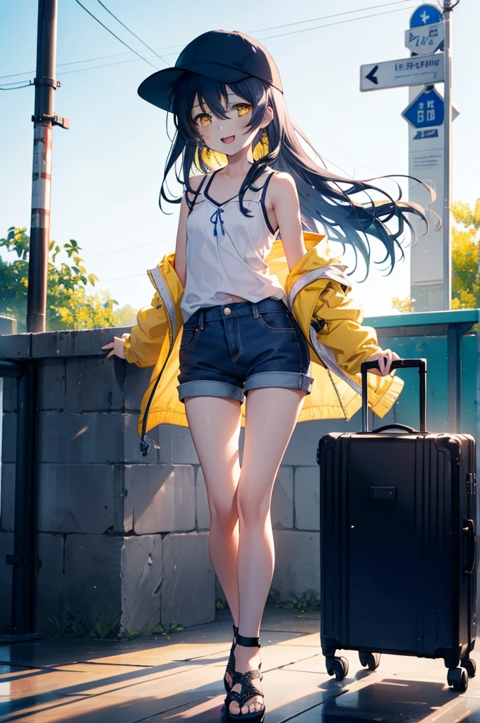 Umi Sonoda, Long Hair, Blue Hair, (Yellow Eyes:1.5) (Flat Chest:1.2),happy smile, smile, Open your mouth,Baseball hats,Sleeveless blue hoodie,Shorts,Sandals,Push-type suitcase,Walking,Daytime,Clear skies,True Summer,whole bodyがイラストに入るように,
break looking at viewer,whole body,
break indoors, countryside,
break (masterpiece:1.2), Highest quality, High resolution, unity 8k wallpaper, (figure:0.8), (Beautiful attention to detail:1.6), Highly detailed face, Perfect lighting, Highly detailed CG, (Perfect hands, Perfect Anatomy),