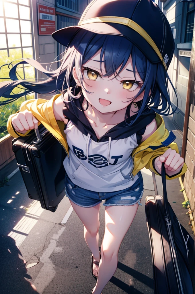 Umi Sonoda, Long Hair, Blue Hair, (Yellow Eyes:1.5) (Flat Chest:1.2),happy smile, smile, Open your mouth,Baseball hats,Sleeveless blue hoodie,Shorts,Sandals,Push-type suitcase,Walking,Daytime,Clear skies,True Summer,whole bodyがイラストに入るように,
break looking at viewer,whole body,
break indoors, countryside,
break (masterpiece:1.2), Highest quality, High resolution, unity 8k wallpaper, (figure:0.8), (Beautiful attention to detail:1.6), Highly detailed face, Perfect lighting, Highly detailed CG, (Perfect hands, Perfect ???????),