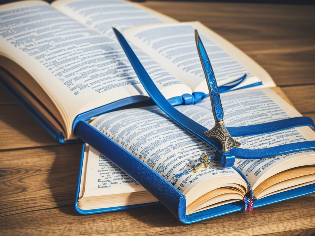create a logo with a bible and in the middle of the closed bible and a large sword standing in the middle of the bible with blue gems and writing:Inspiring Stories of Faith.