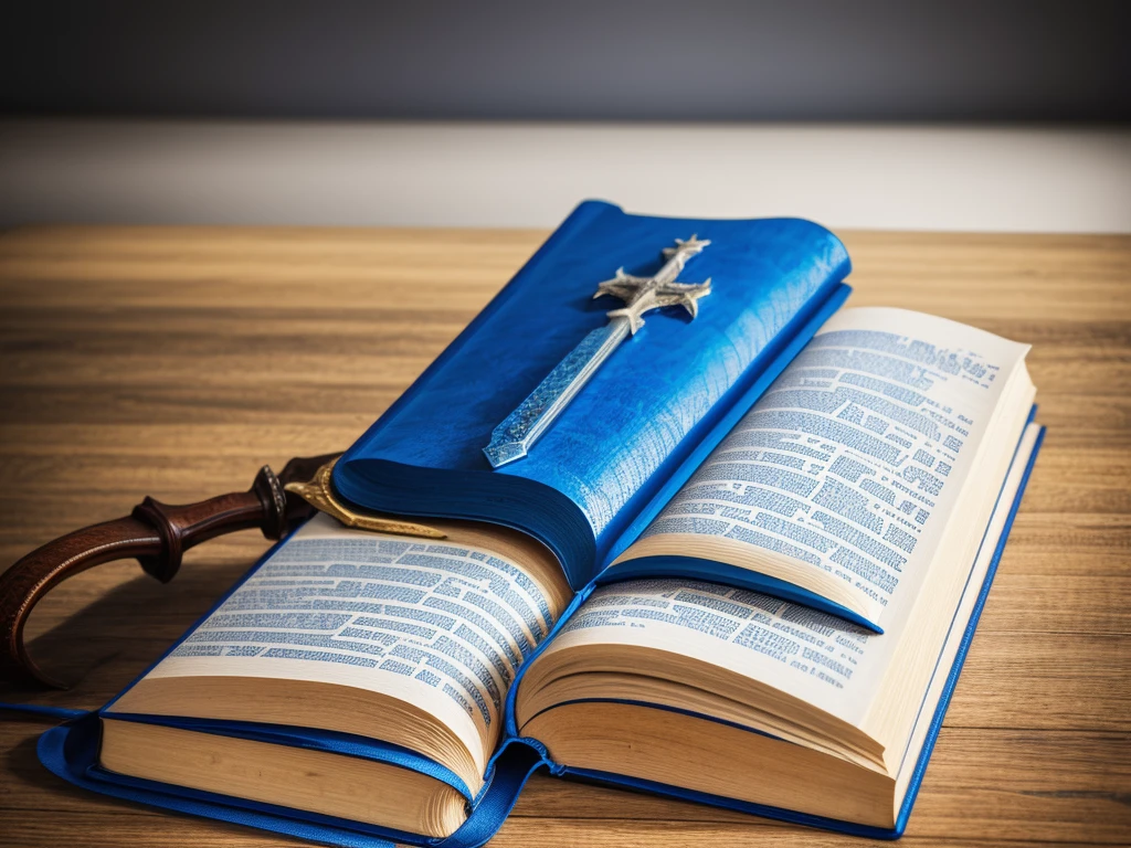 create a logo with a bible and in the middle of the closed bible and a large sword standing in the middle of the bible with blue gems and writing:Inspiring Stories of Faith.