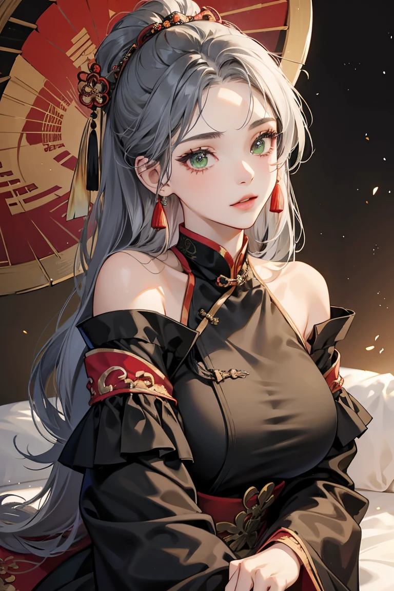 1girl, 20 years old, Chinese, old chinese dress, black dress, off-the-shoulder, gray hair, green eyes, sexy, seductive,