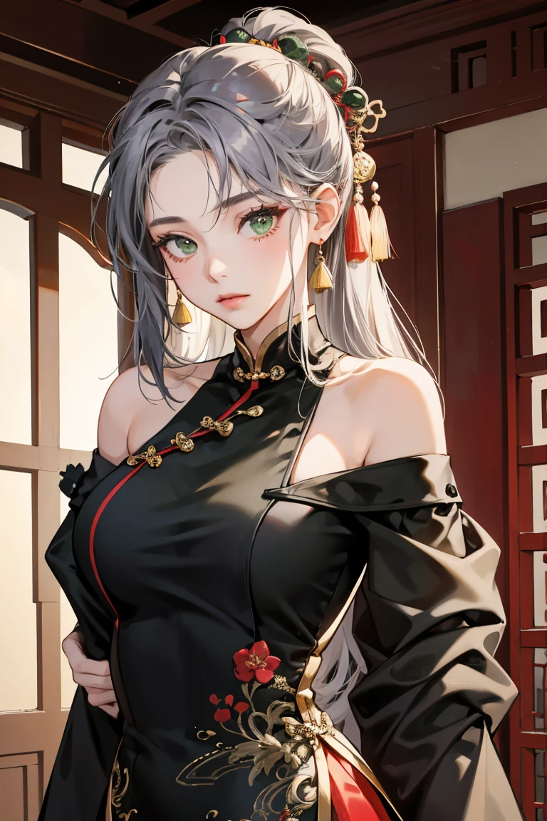 1girl, 20 years old, Chinese, old chinese dress, black dress, off-the-shoulder, gray hair, green eyes, sexy, seductive,