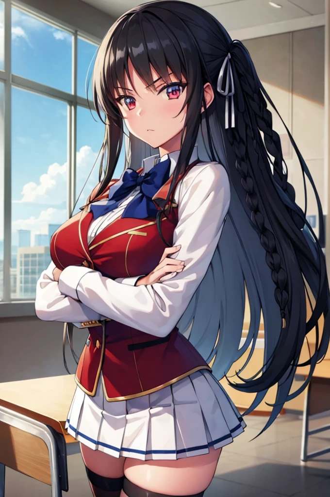 (masterpiece:1.3), (best quality:1.1), (8k, ultra detailed, ultra high res:1.2), ((anime style)), perfect 5 fingers, perfect anatomy, 
1girl,
Suzune Horikita, 
BREAK long hair, braid, 
black hair, 
red eyes, 
blue bow, 
(medium breasts:0.9), 
red jacket, long sleeves, white skirt, pleated skirt, (black thigh-high socks:1.1), 
BREAK looking at viewer, 
cowboy shot, standing, (crossed arms:1.1), 
perfect light, BREAK (detailed background:1.2), indoors, inside, (classroom:1.2), sky,  