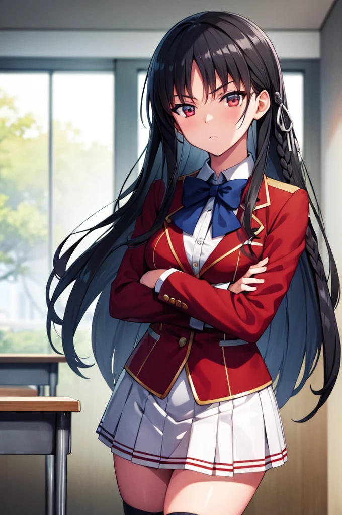 (masterpiece:1.3), (best quality:1.1), (8k, ultra detailed, ultra high res:1.2), ((anime style)), perfect 5 fingers, perfect anatomy, 
1girl,
Suzune Horikita, 
BREAK long hair, braid, 
black hair, 
red eyes, 
blue bow, 
(medium breasts:0.9), 
red jacket, long sleeves, white skirt, pleated skirt, (black thigh-high socks:1.1), 
BREAK looking at viewer, 
cowboy shot, standing, (crossed arms:1.1), 
perfect light, BREAK (detailed background:1.2), indoors, inside, (classroom:1.2), sky,  