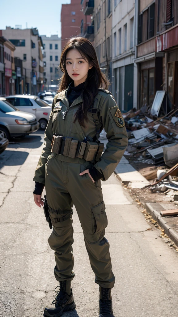 8K, Realistic photos, Realistic skin texture, Korean beauties in the US military、. 20 years old. Dark brown hair. She looks at the camera seriously. She stood in a destroyed Martian city.