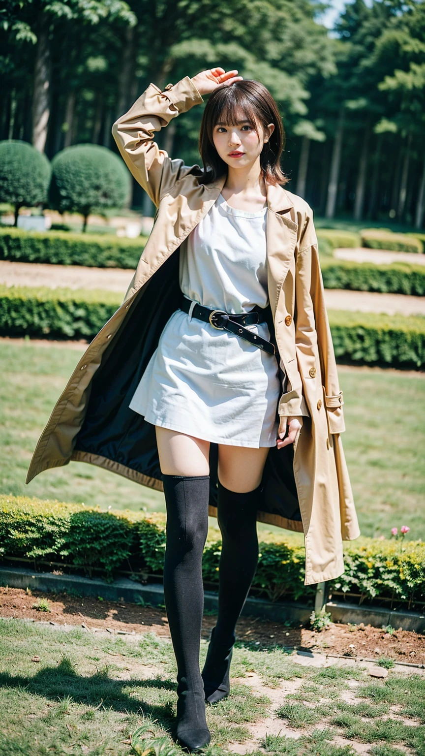 (8K、RAW Photos、Highest quality、masterpiece:1.2)、(Realistic、Realistic)、1 Girl、((Check mini skirt、Long coat、Medium Hair、black、Thin legs、whole body、boots、blackいコート、one piece、tights、garden、View from the front、Looking into the camera、belt、Stand with hands on hips))、cute