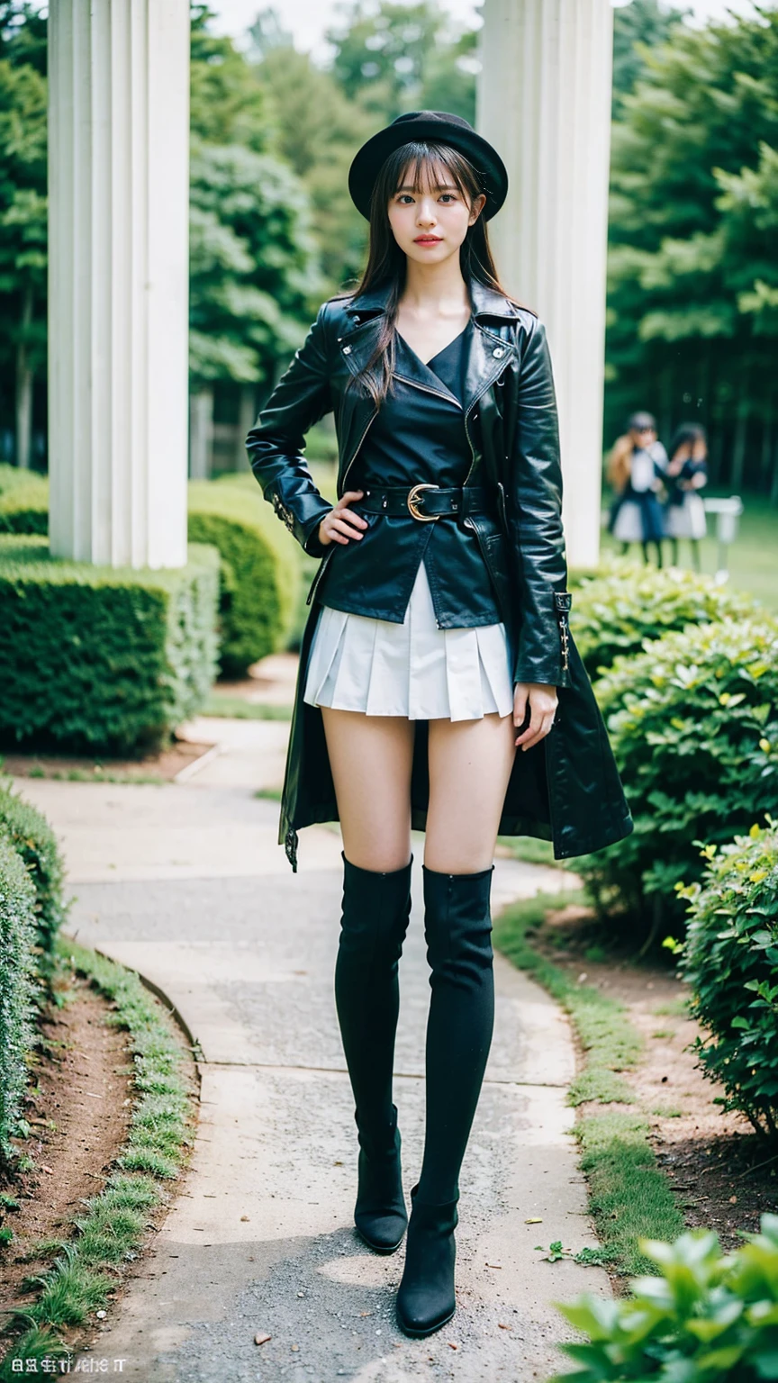 (8K、RAW Photos、Highest quality、masterpiece:1.2)、(Realistic、Realistic)、1 Girl、((Check mini skirt、Long coat、Medium Hair、black、Thin legs、whole body、boots、blackいコート、one piece、tights、garden、View from the front、Looking into the camera、belt、Stand with hands on hips))、cute