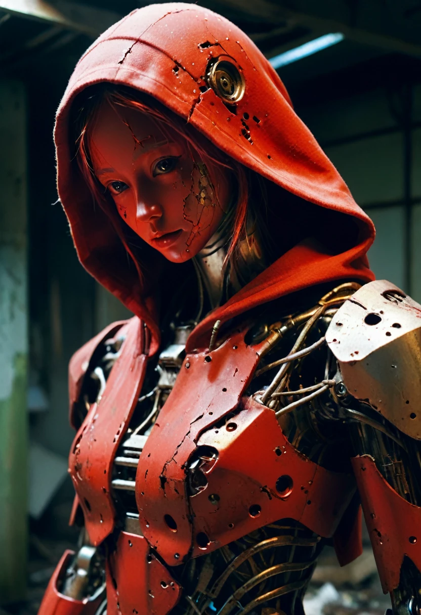 1girl,EA post apocalyptic photo of a red hooded a broken feminine humanoid robot,At night,a light shone on her,dented,scratched,flaking peeling paint,in a abandoned interior room,mossy and fungus,once pretty,An artistic photograph,closeup 50mm f/1.3,Metal threads,with some parts already rusting,A close-up shot of a real metallic mechanical gear structure photo,metal,no humans,reflection,Mecha,red,
