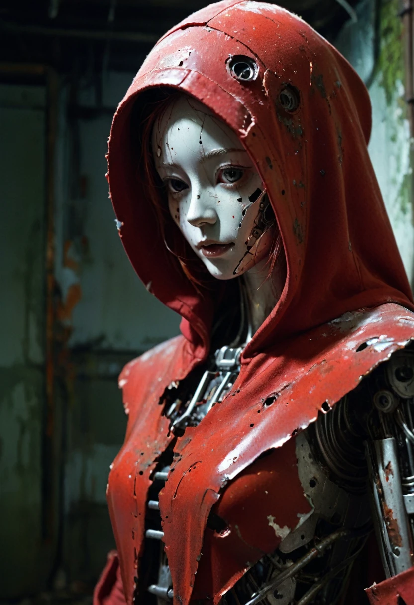 1girl,EA post apocalyptic photo of a red hooded a broken feminine humanoid robot,At night,a light shone on her,dented,scratched,flaking peeling paint,in a abandoned interior room,mossy and fungus,once pretty,An artistic photograph,closeup 50mm f/1.3,Metal threads,with some parts already rusting,A close-up shot of a real metallic mechanical gear structure photo,metal,no humans,reflection,Mecha,red,