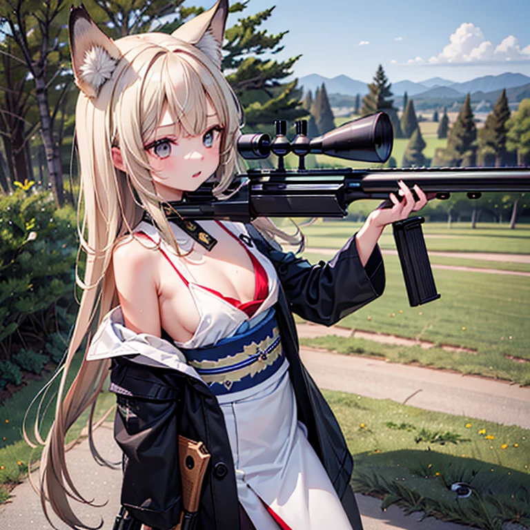 (Fox Girl, Fox Ears, Black colored hair, Fox Makeup, One Girl, Long Hair:1.6), (kimono, Kimono with open chest, A beautiful kimono with red and black patterns, I can see her cleavage, Open chest, Exposed skin:1.8), (Body measurements are 75-60-75!, Young girl body, Small breasts, Small breasts, Emphasize the chest, Sniper, Ready your gun?, 50caliber, Have a weapon, sniper rifle:1.9), Avatar, face, lewd face, Dominant representation, naughty face, Uplifting, Skin Texture, outside, Grassy field