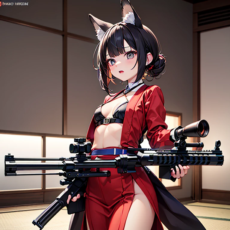(Fox Girl, Fox Ears, Black colored hair, Fox Makeup, One Girl, Long Hair:1.6), (kimono, Kimono with open chest, A beautiful kimono with red and black patterns, I can see her cleavage, Open chest, Exposed skin:1.8), (Body measurements are 75-60-75!, Young girl body, Small breasts, Small breasts, Emphasize the chest, Sniper, Ready your gun?, 50caliber, Have a weapon, sniper rifle:1.9), Avatar, face, lewd face, Dominant representation, naughty face, Uplifting, Skin Texture, outside, Grassy field