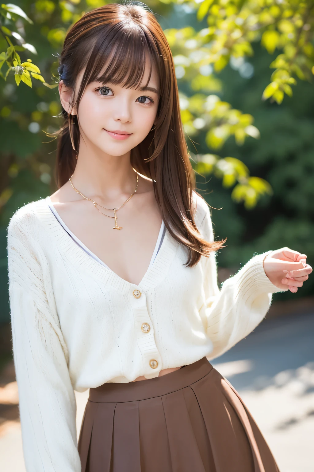 smile、natta、Raw photo、(((Ultimate beauty portrait)))、((Glowing Skin))、One Girl、A beautiful -yeld gifrom Prague、Bright expression、((Brown Hair))、(Cleavage)、(flare skirt:1.5)、((Big eyes that shine like jewels))、Fluffy cardigan、Open the clothes、pantyhose、Glowing Skin、(Medium Hair)、(Smooth ponytail hair)、(Are standing)、(From below)、Under the skirt、(From below下着のクローズアップ)、eyeliner、Beautiful Bangs、Hair between the eyeasterpiece、最high quality、Super detailed、Film Light、fine、High resolution、Very detailed))、Detailed Background、8 Commercial Code、Digital SLR、Soft Light、high quality、Film Grain、fujifilmxt3、Shallow depth field、Natural soft light、Gods、Ample Bust、Sexy open-necked clothing、
